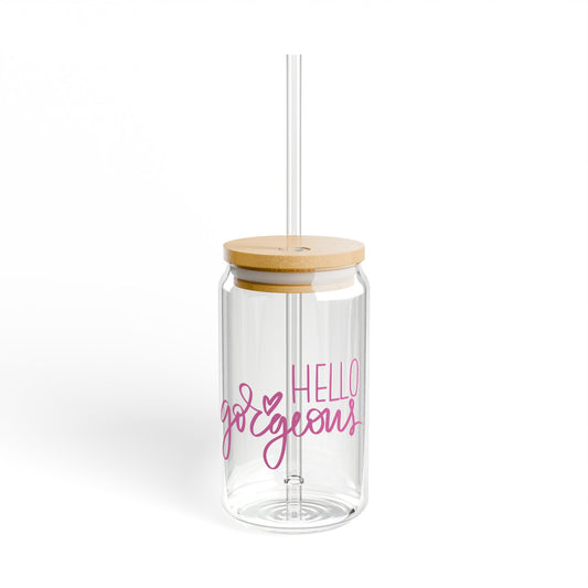 Hello Gorgeous 16oz Glass Can with Lid and Straw