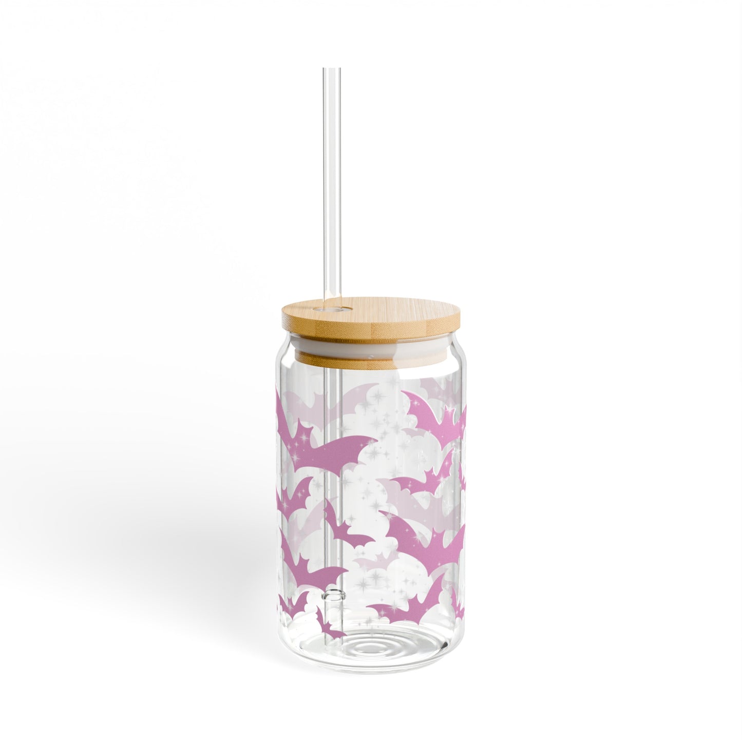 Pink Bats and Stars 16oz Glass Can with Lid and Straw