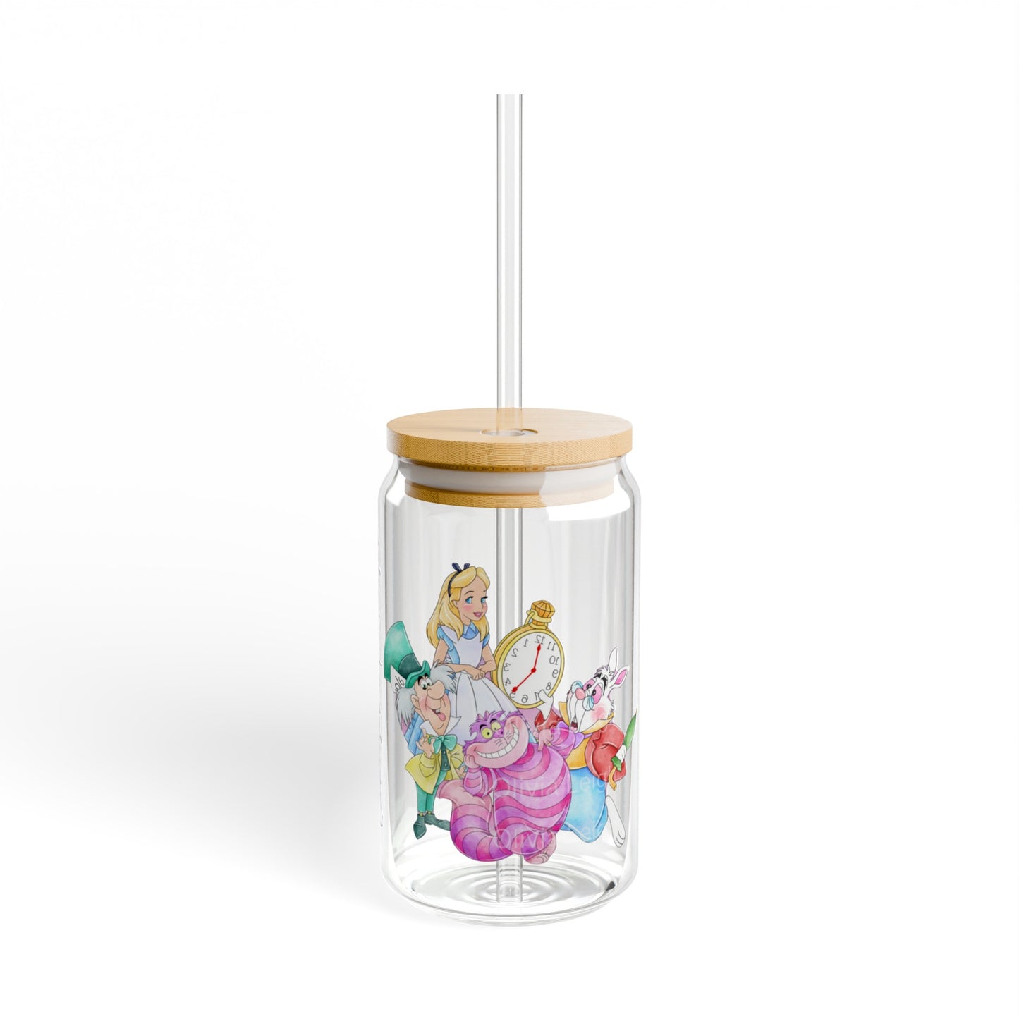 Alice in Wonderland 16oz Glass Can with Lid and Straw