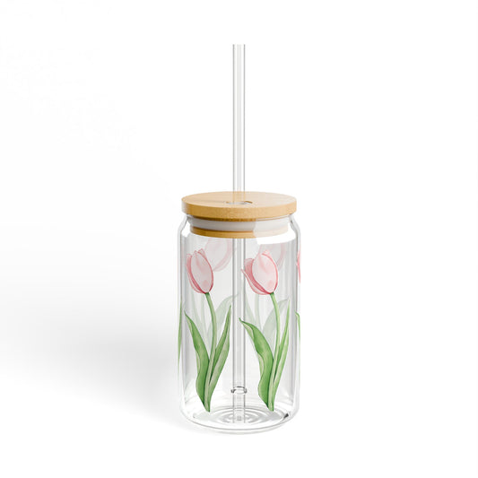 Tulip Love 16oz Glass Can with Lid and Straw