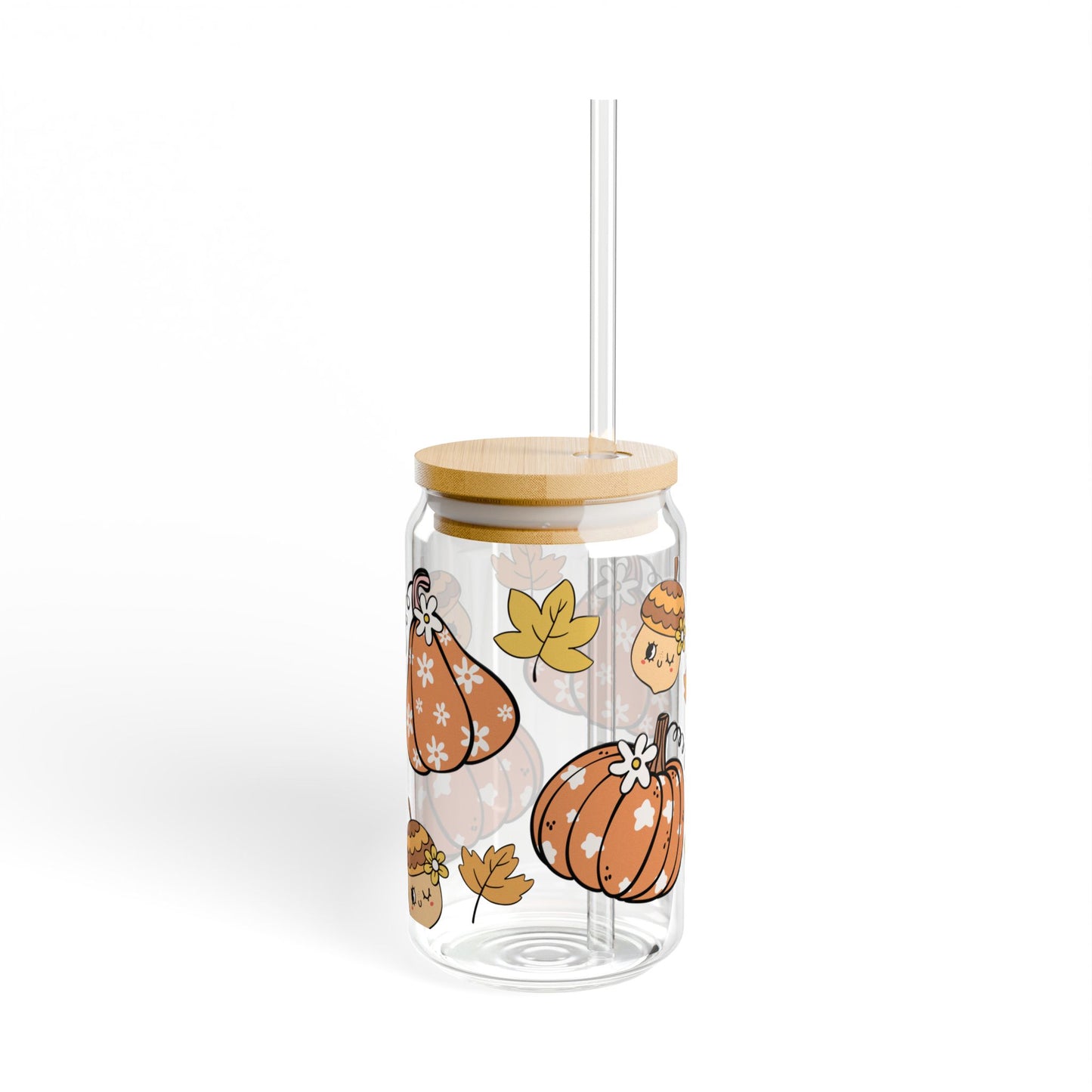 Pumpkin Fall 16oz Glass Can with Lid and Straw