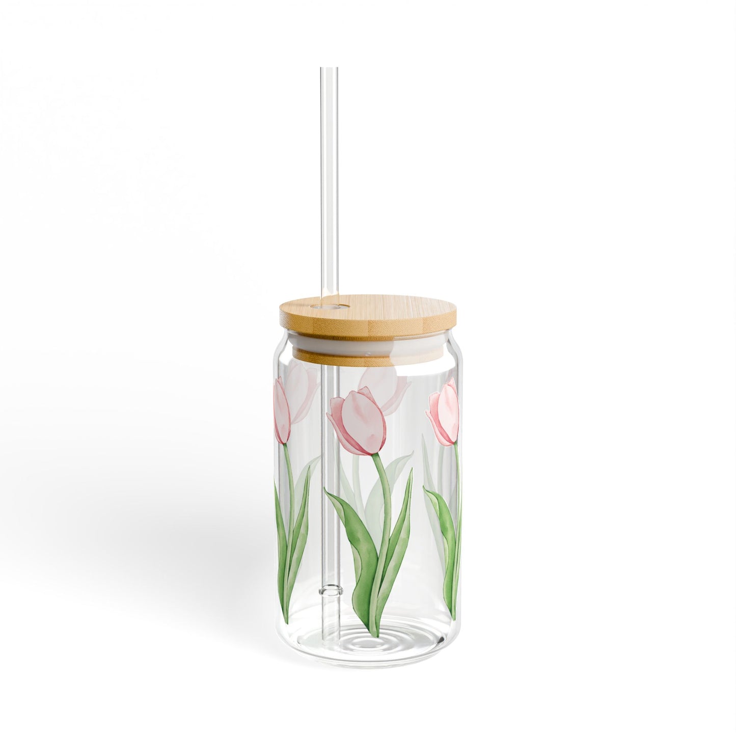 Tulip Love 16oz Glass Can with Lid and Straw
