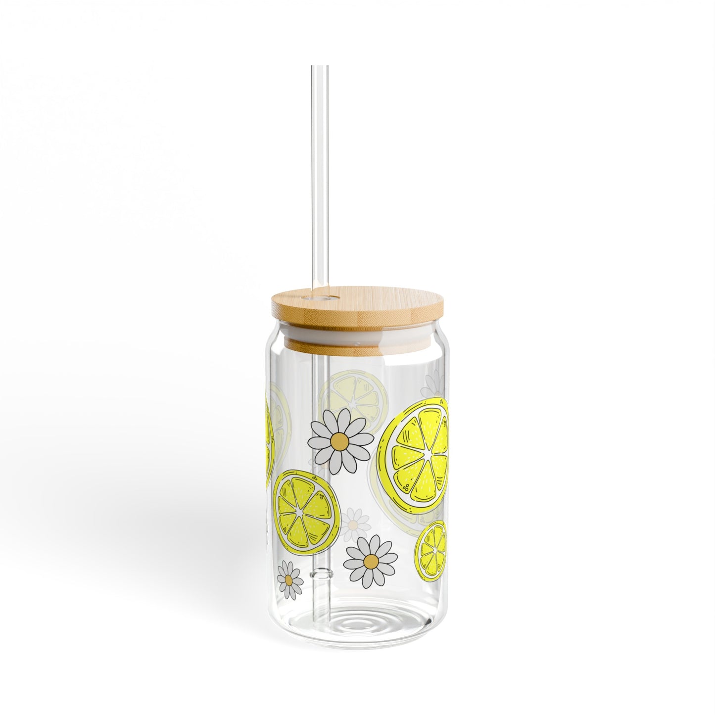 Lemons and Daisies 16oz Glass Can with Lid and Straw