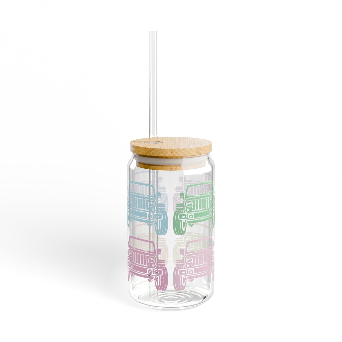 Pastel Jeeps 16oz Glass Can with Lid and Straw