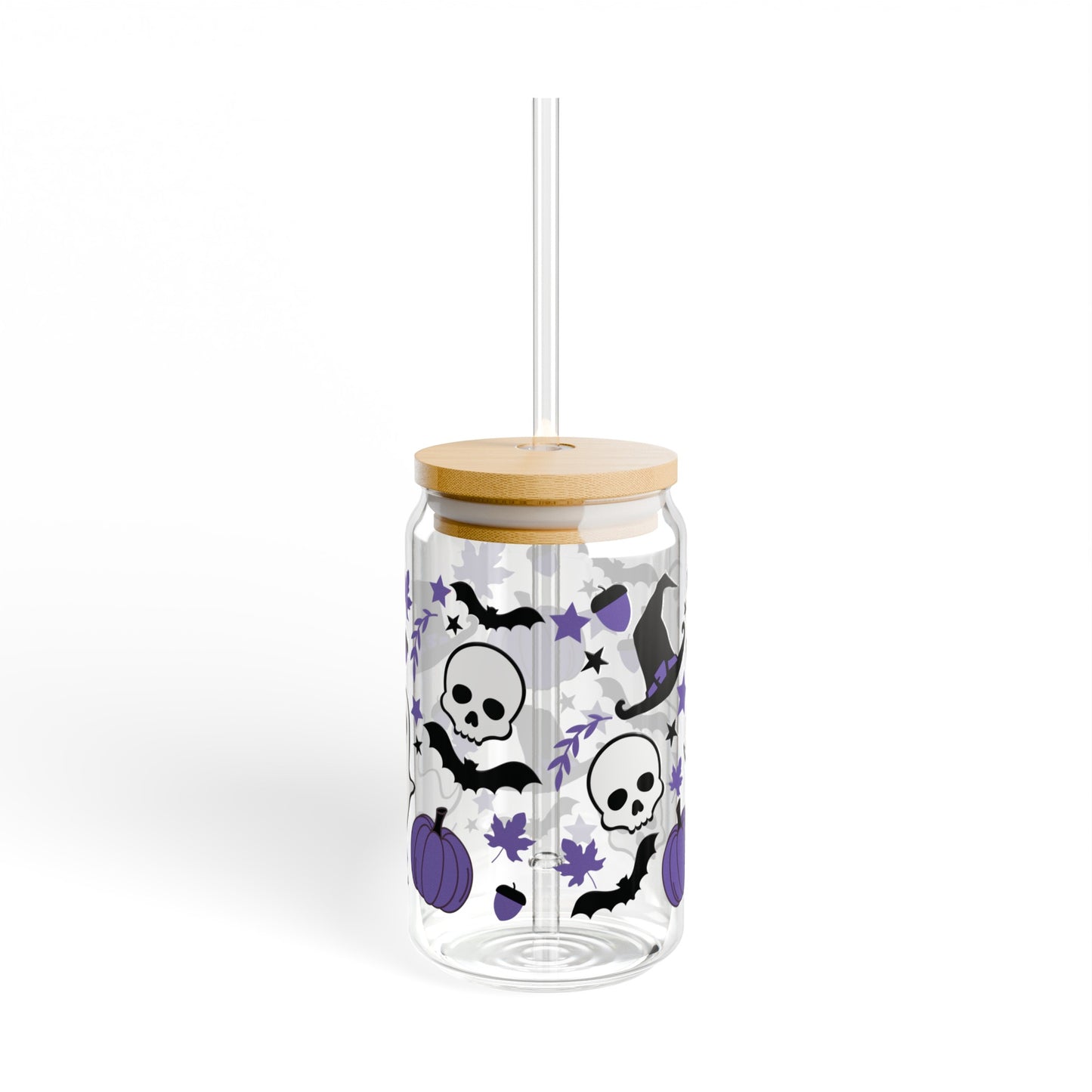 Purple Halloween 16oz Glass Can with Lid and Straw