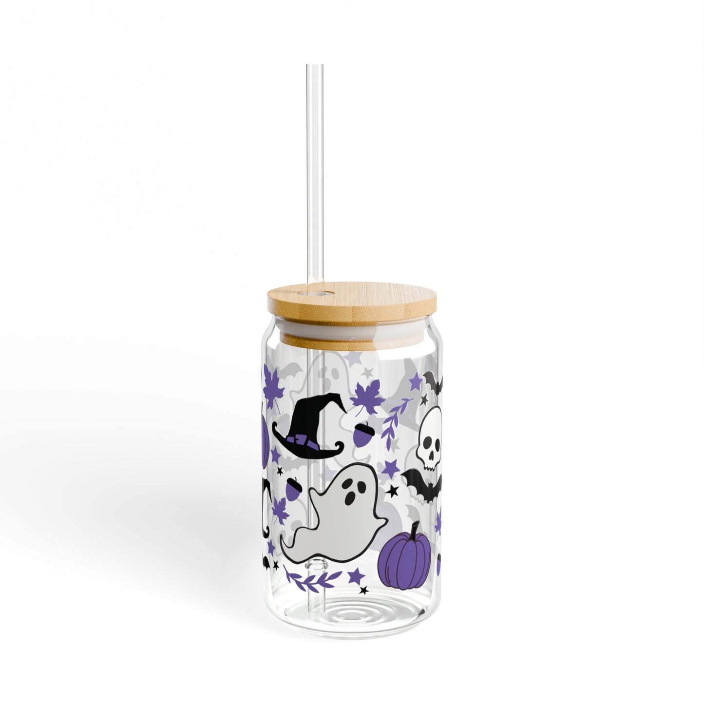 Purple Halloween 16oz Glass Can with Lid and Straw