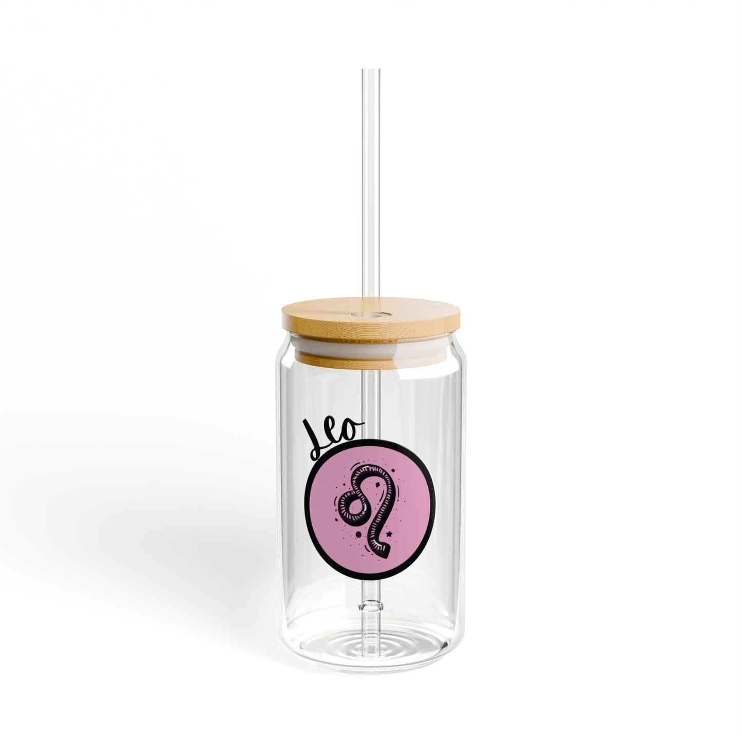 Pink and Black Leo16oz Glass Can with Lid and Straw