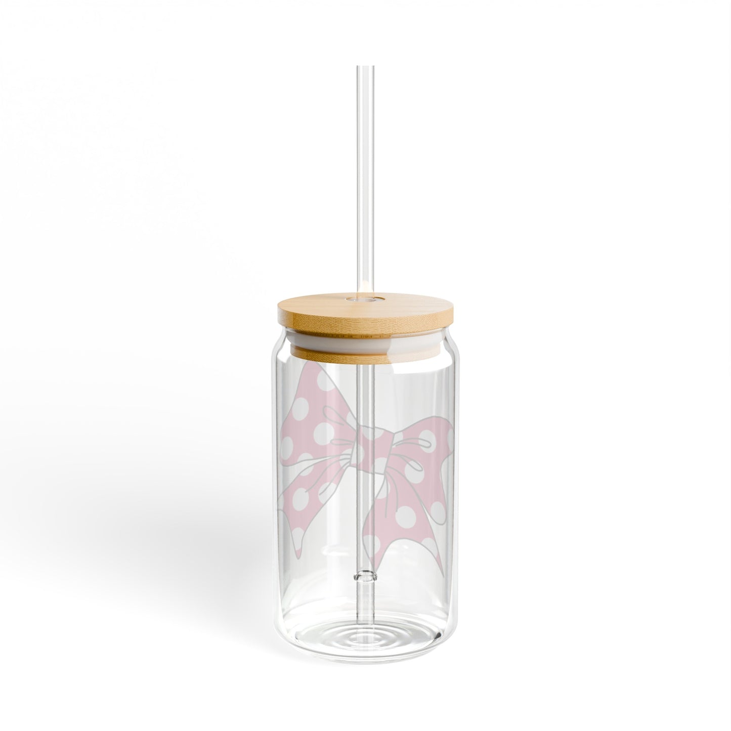 Pink Polka Dot Bow 16oz Glass Can with Lid and Straw