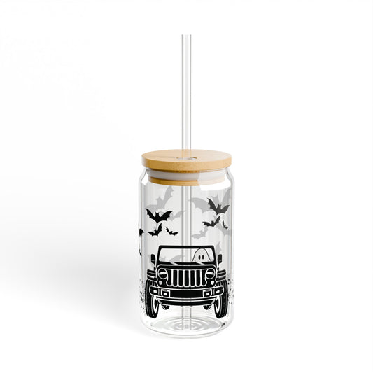 Jeep Ghost and Bats 16oz Glass Can with Lid and Straw