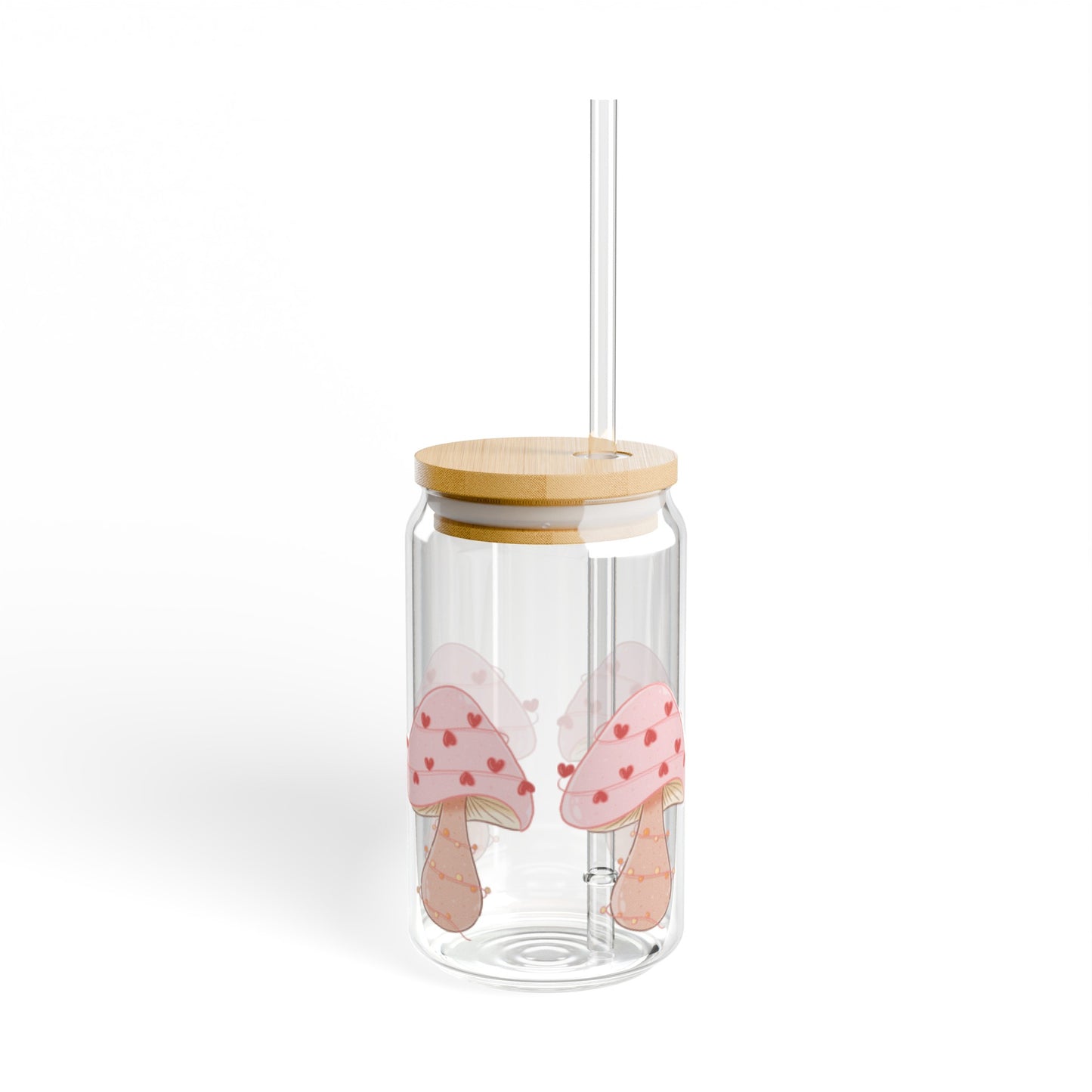 Pink Mushrooms 16oz Glass Can with Lid and Straw