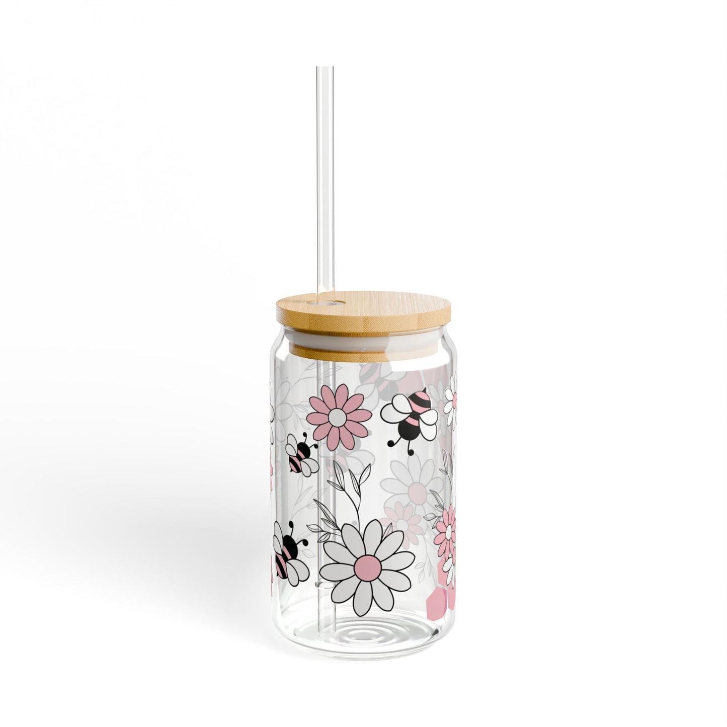 Pink Bees and Flowers 16oz Glass Can with Lid and Straw