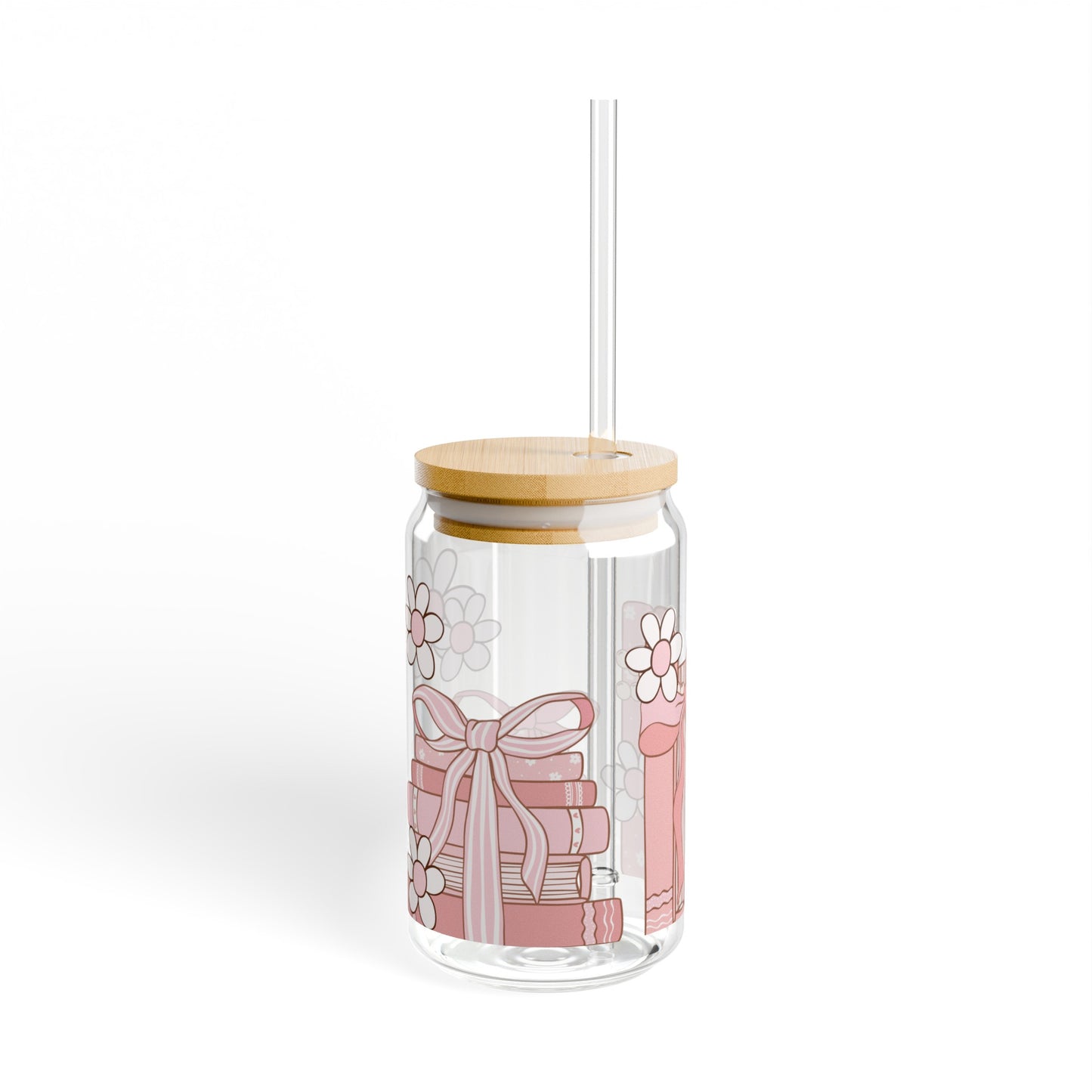 Pink Book Lover 16oz Glass Can with Lid and Straw