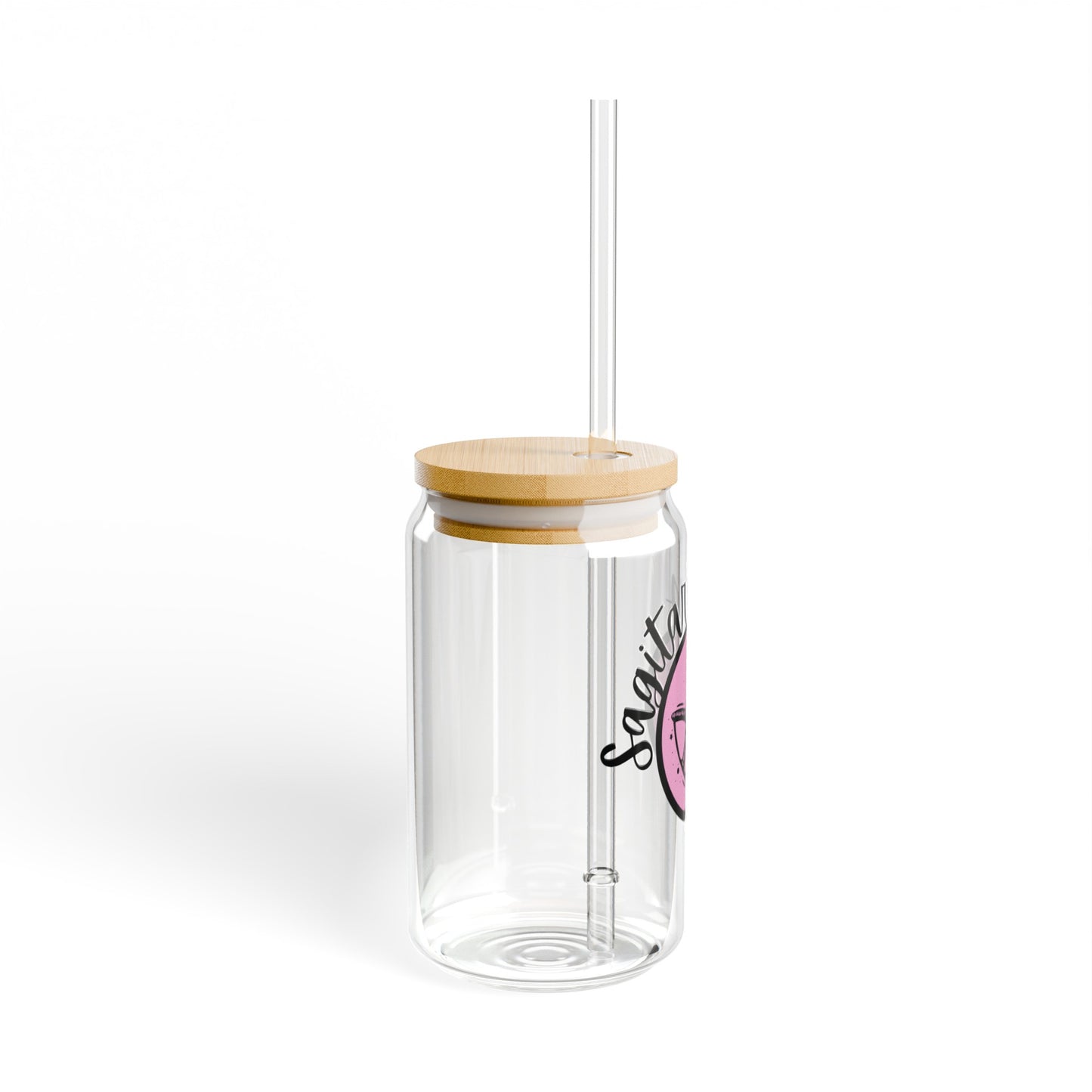 Pink and Black Sagitarius 16oz Glass Can with Lid and Straw