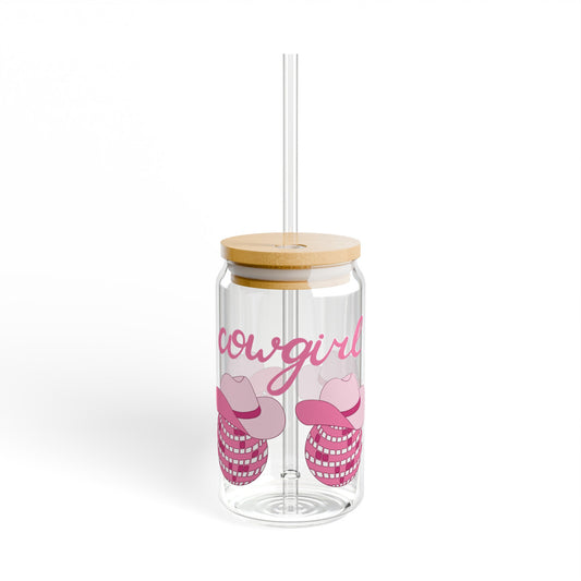Cowgirl Disco Cowboy Hat  16oz Glass Can with Lid and Straw