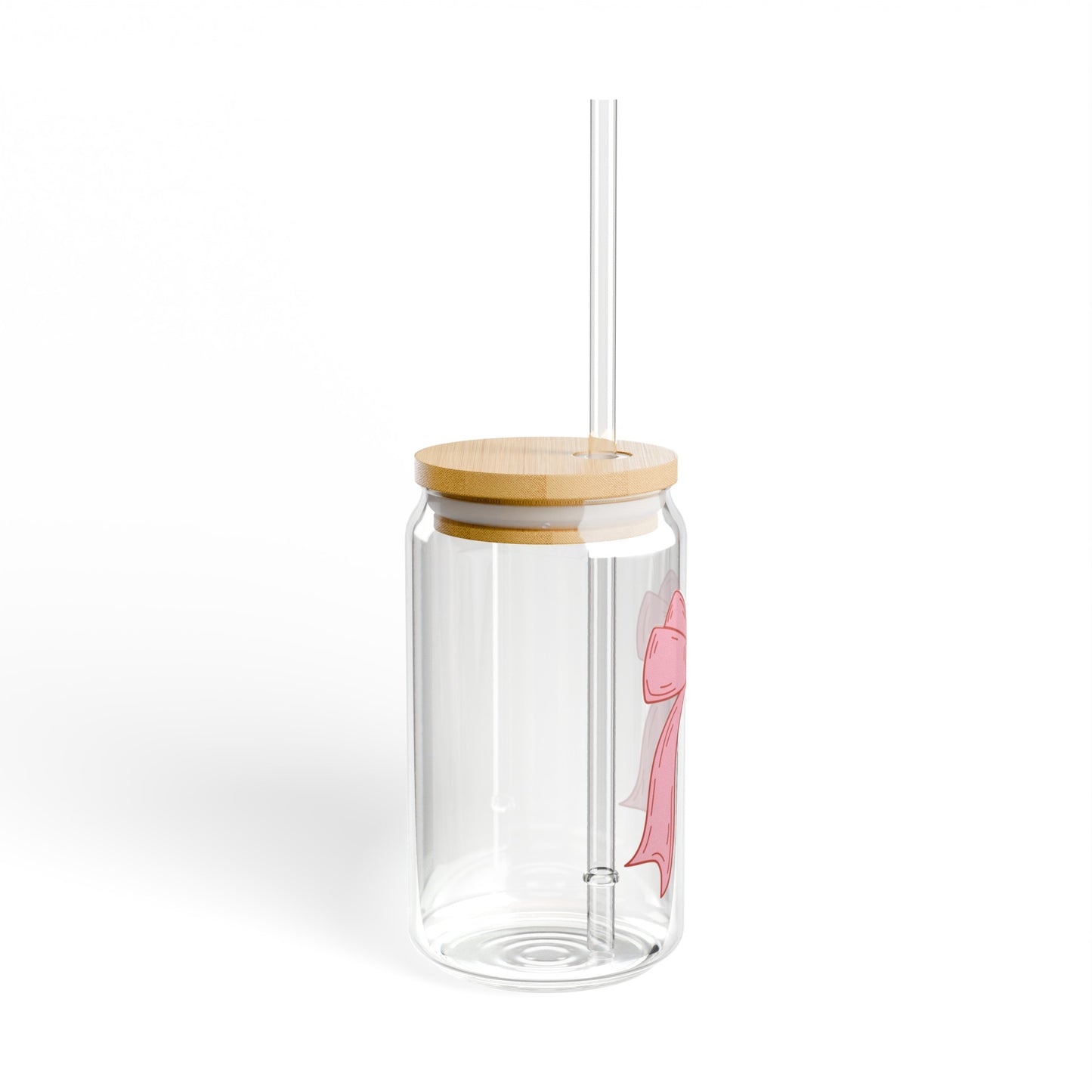 Pink Bow 16oz Glass Can with Lid and Straw