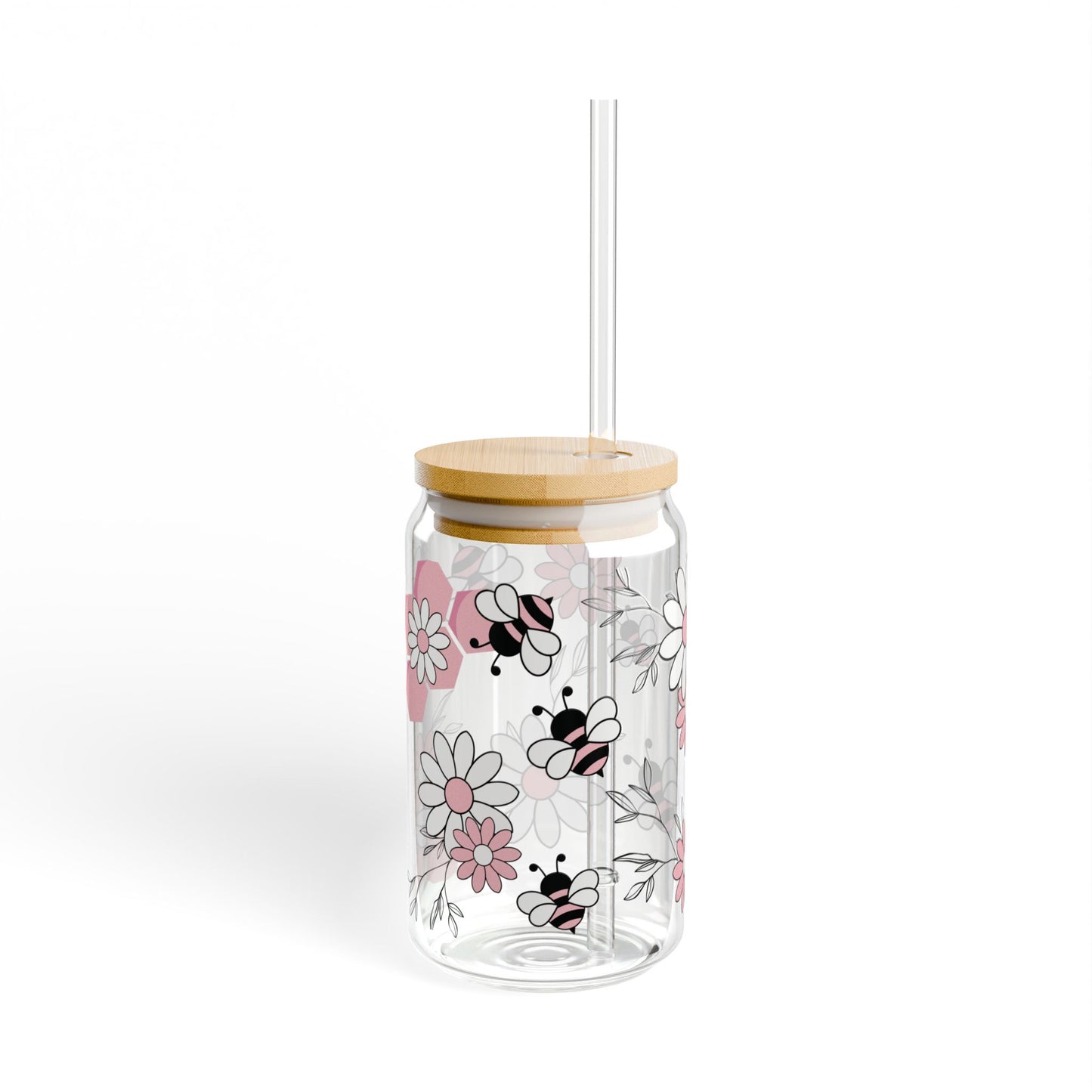 Pink Bees and Flowers 16oz Glass Can with Lid and Straw