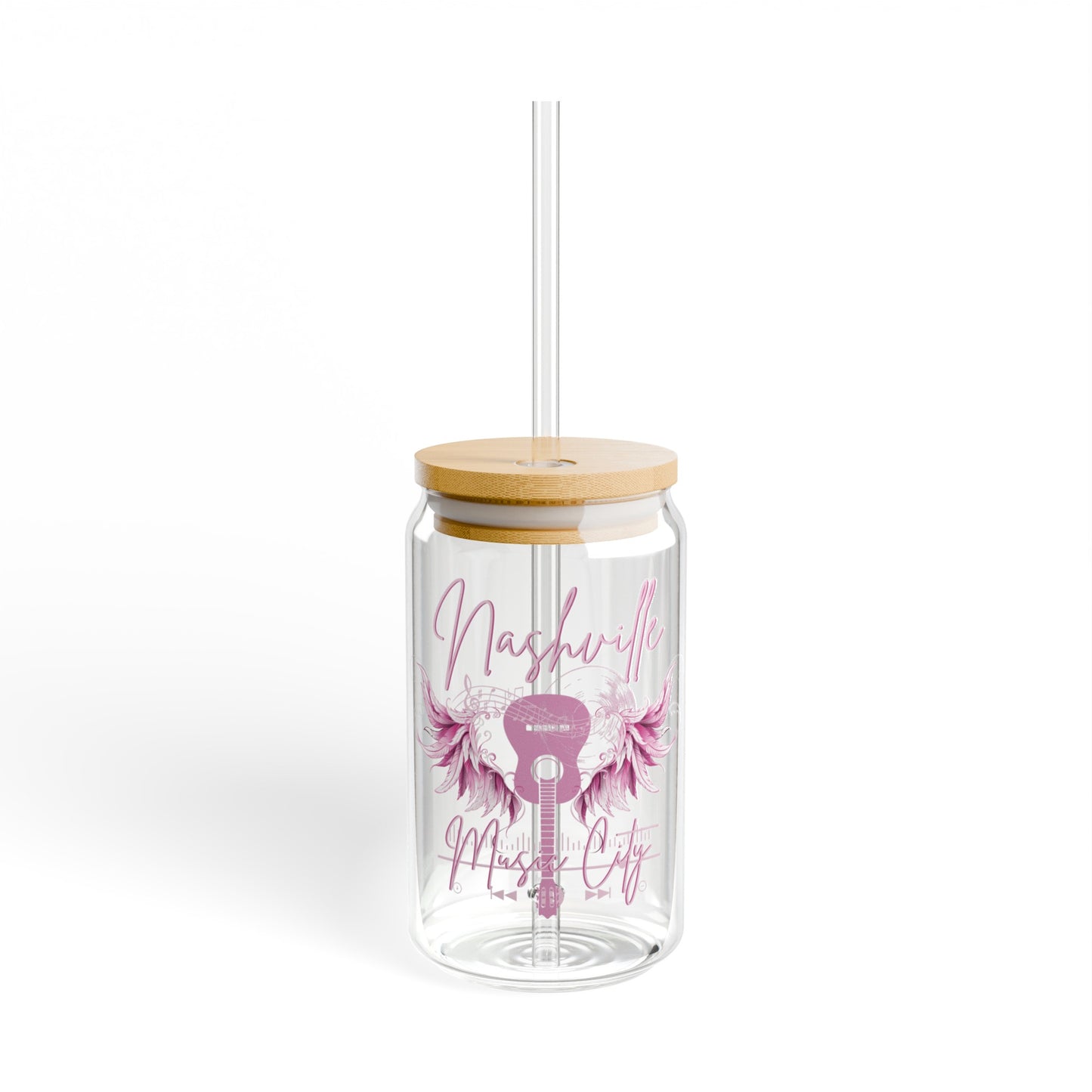 Nashville Music City 16oz Glass Can with Lid and Straw