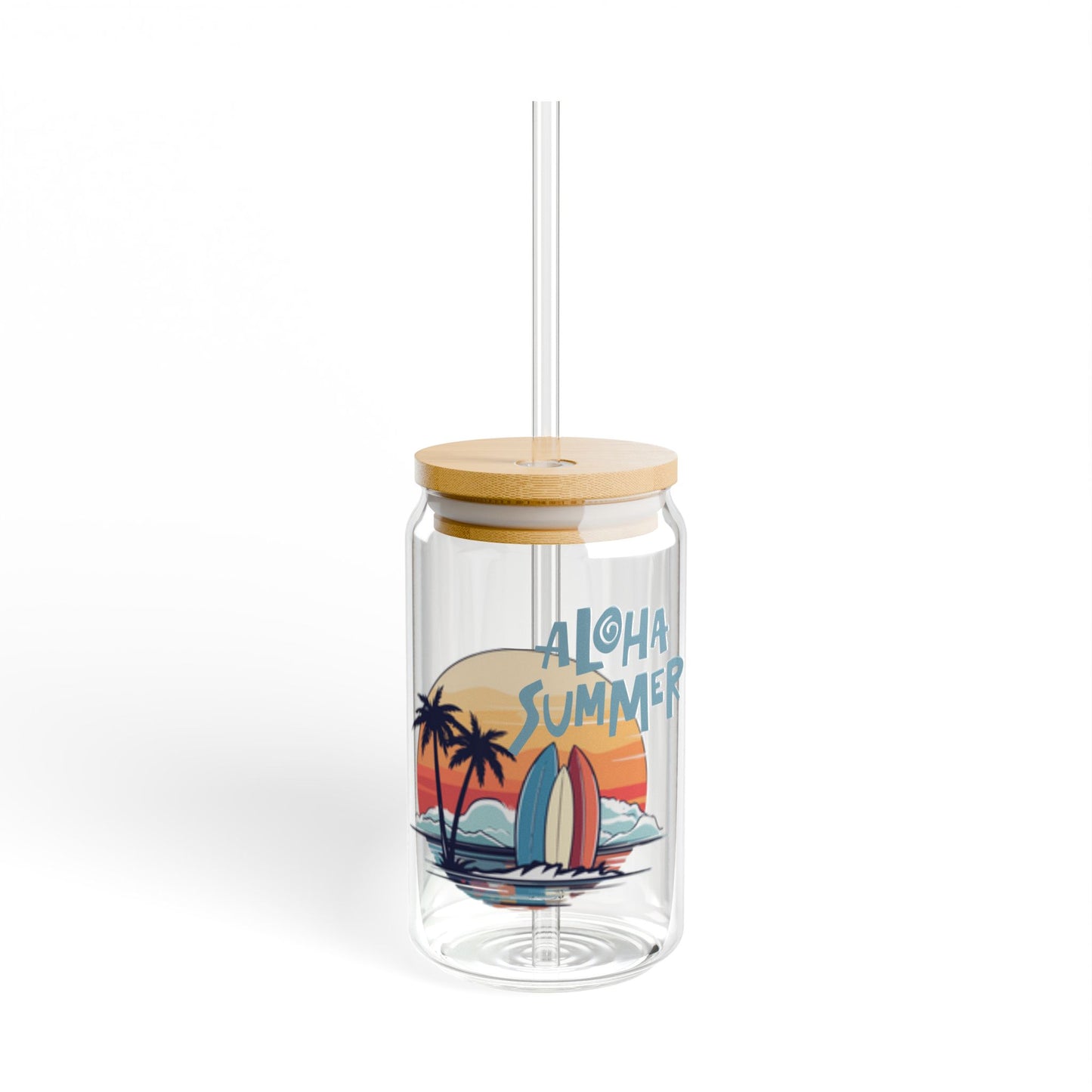 Aloha Summer 16oz Glass Can with Lid and Straw
