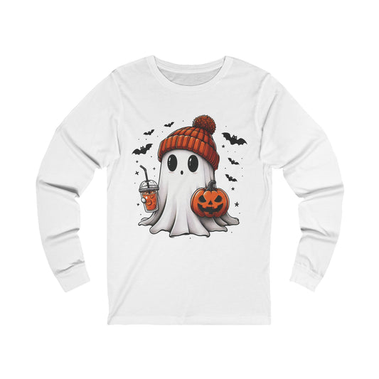 Cute Ghost with Hat and Coffee Unisex Jersey Long Sleeve Tee