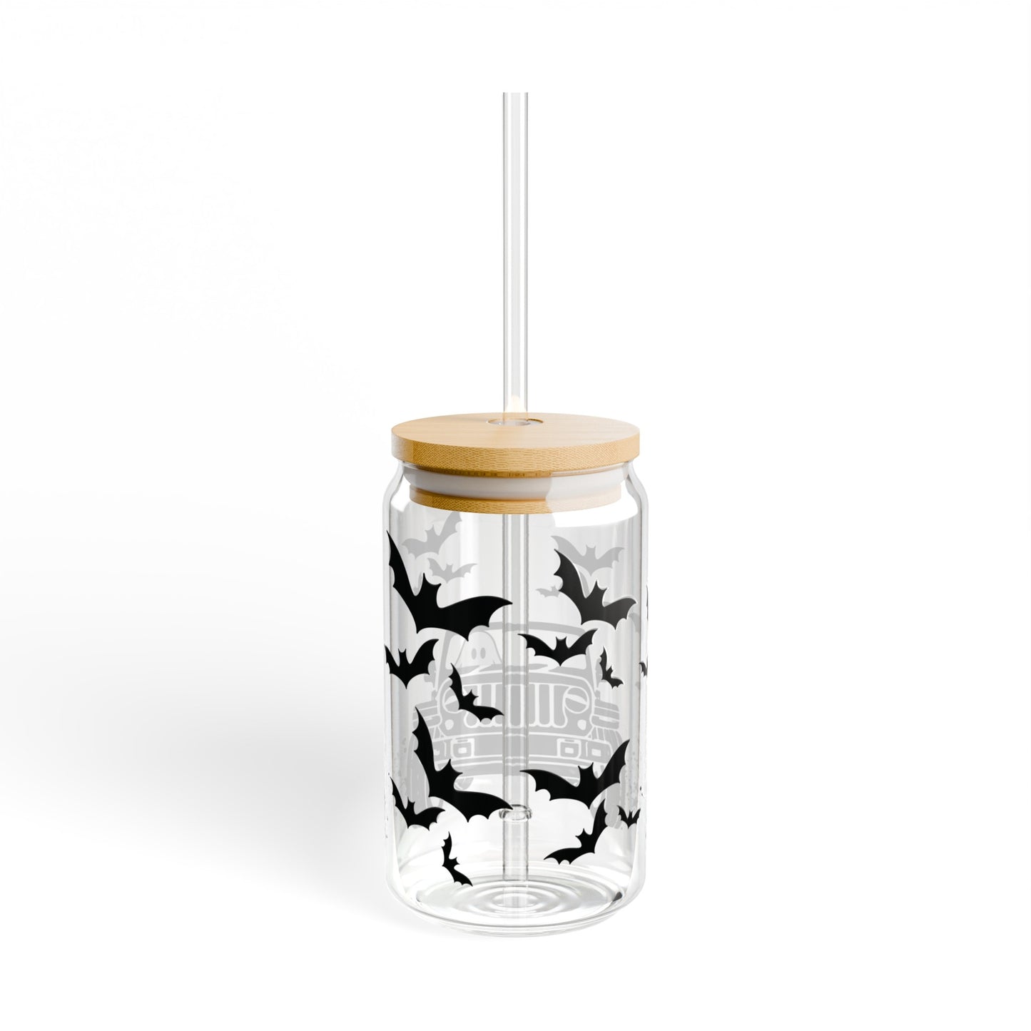 Jeep Ghost and Bats 16oz Glass Can with Lid and Straw