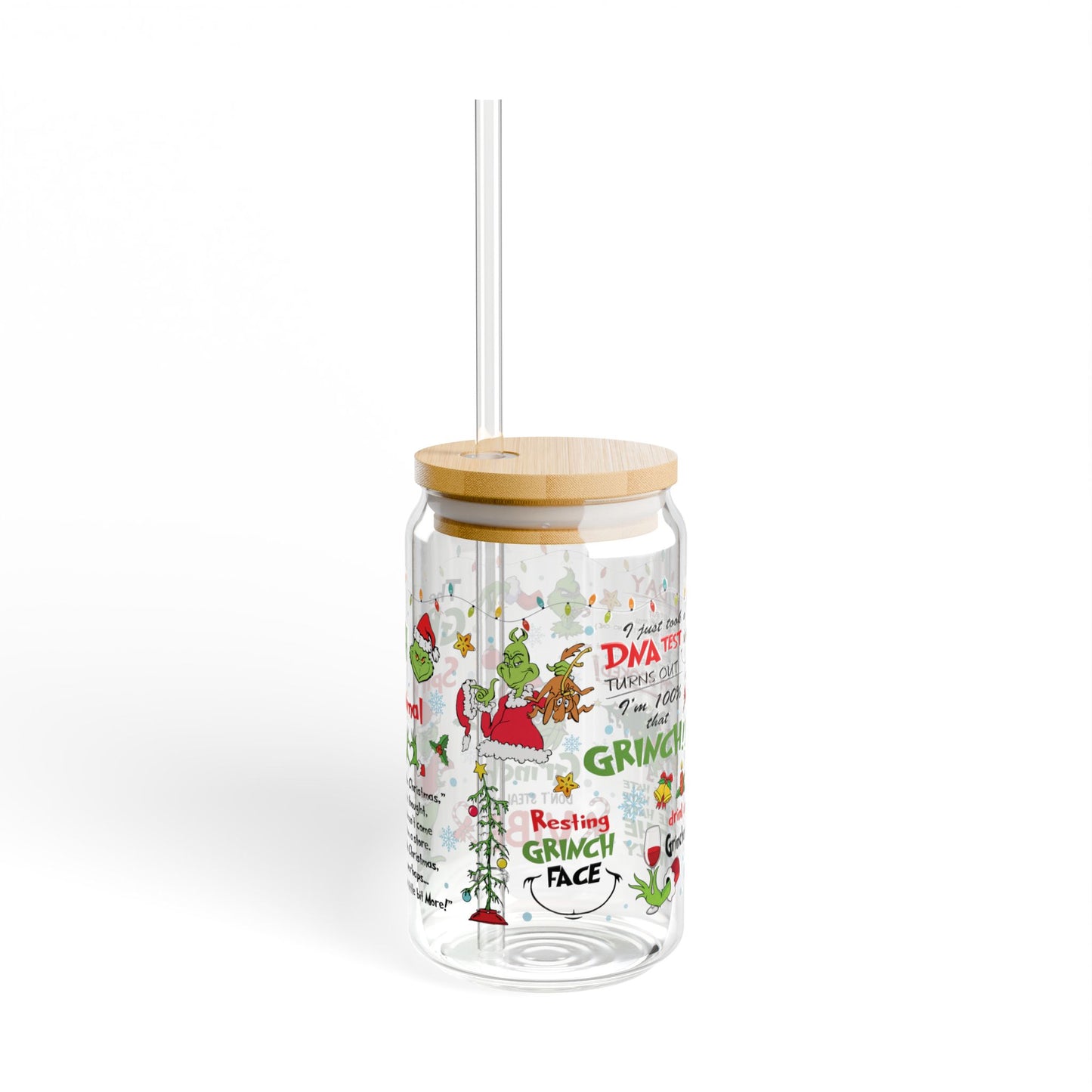 Grinchmas Glass Can with Lid and Straw