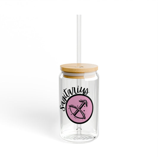 Pink and Black Sagitarius 16oz Glass Can with Lid and Straw