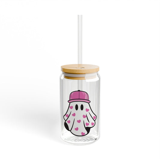 Pink Hat and Hearts Ghost 16oz Glass Can with Lid and Straw