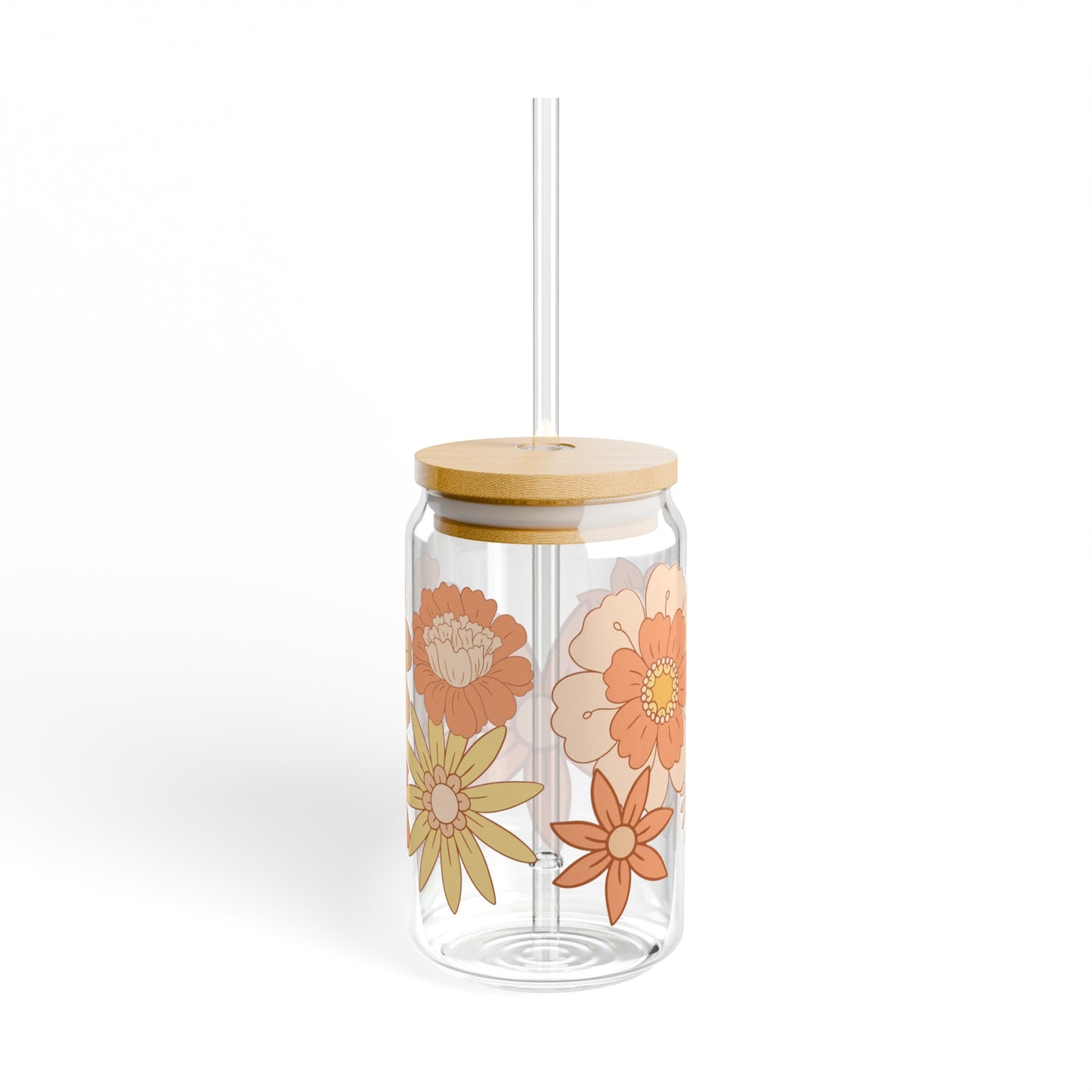 Orange Retro Flowers 16oz Glass Can with Lid and Straw