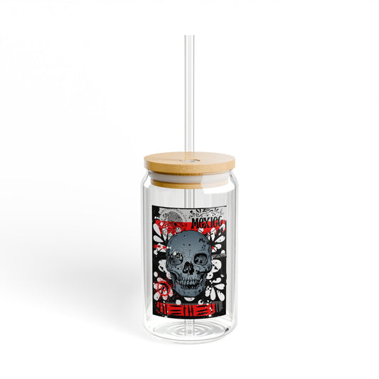 Mexico Skull 16oz Glass Can with Lid and Straw