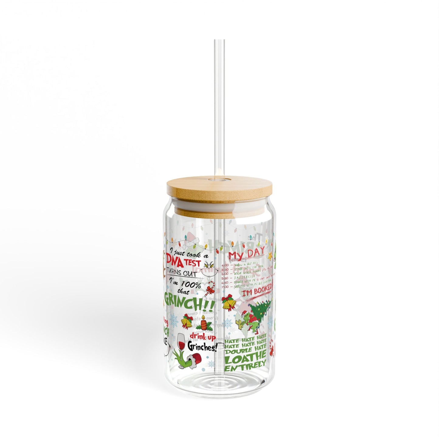 Grinchmas Glass Can with Lid and Straw