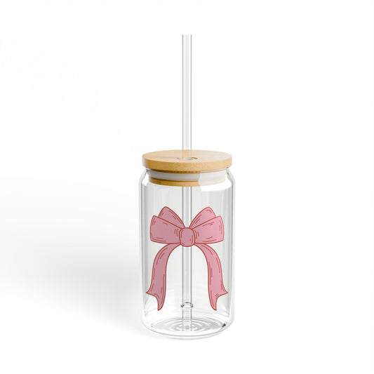 Pink Bow 16oz Glass Can with Lid and Straw