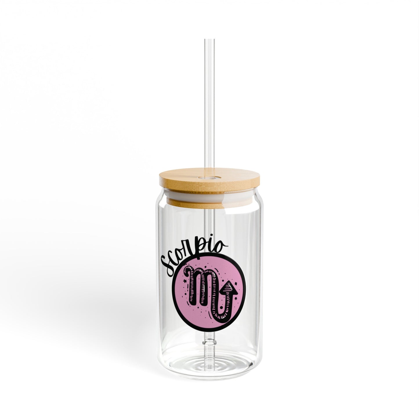 Pink and Black Scorpio 16oz Glass Can with Lid and Straw