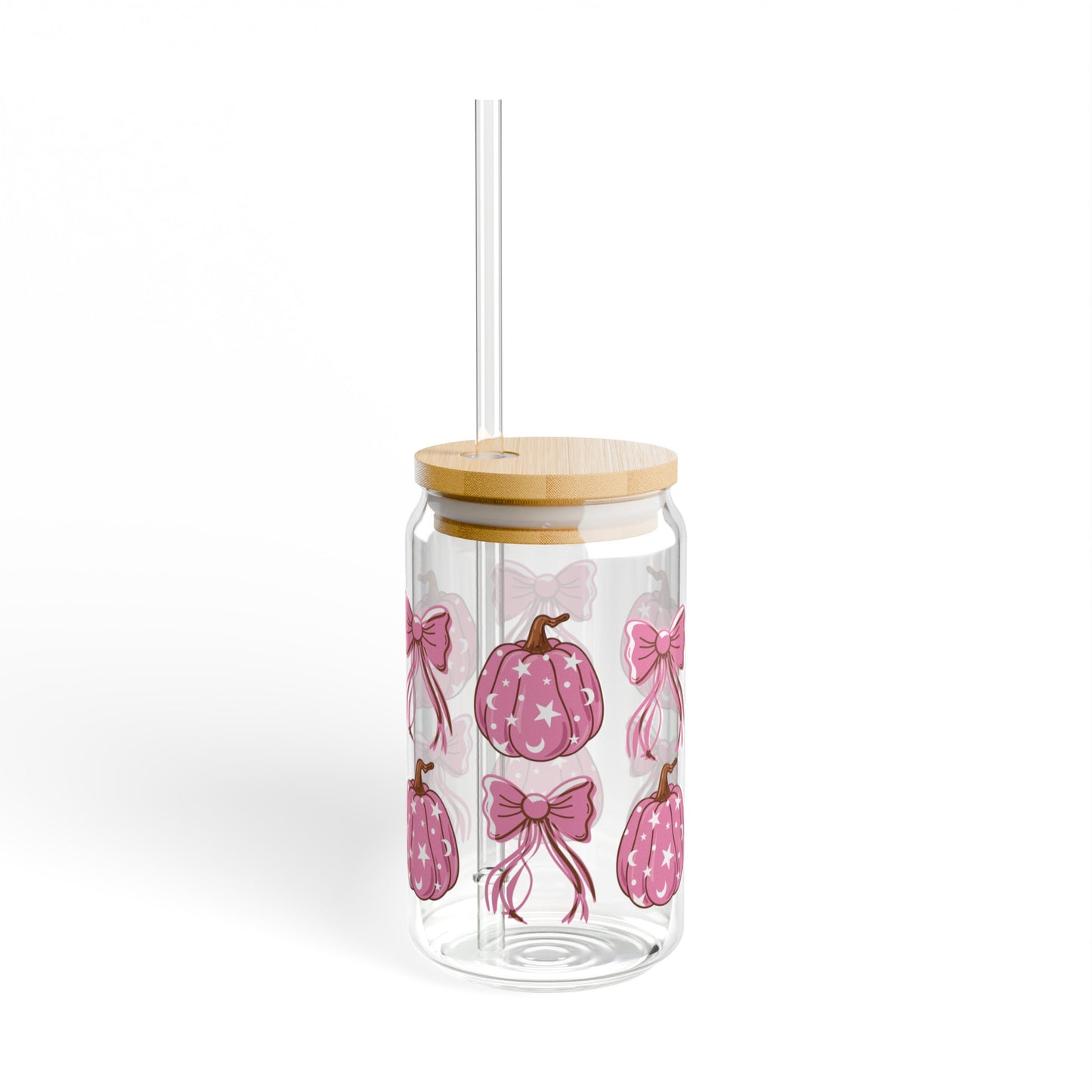 Pink Pumpkin Coquette16oz Glass Can with Lid and Straw