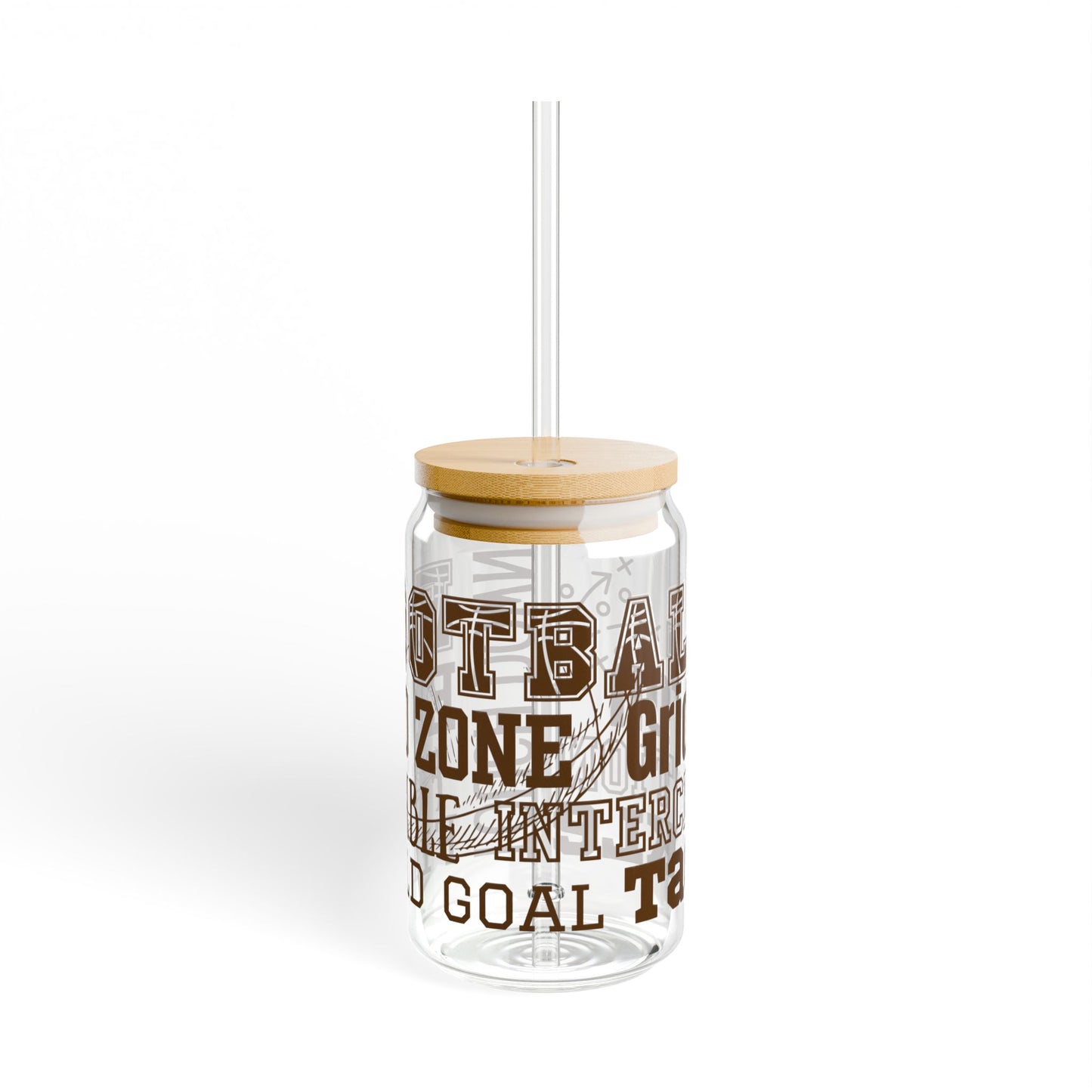 Football 16oz Glass Can with Lid and Straw