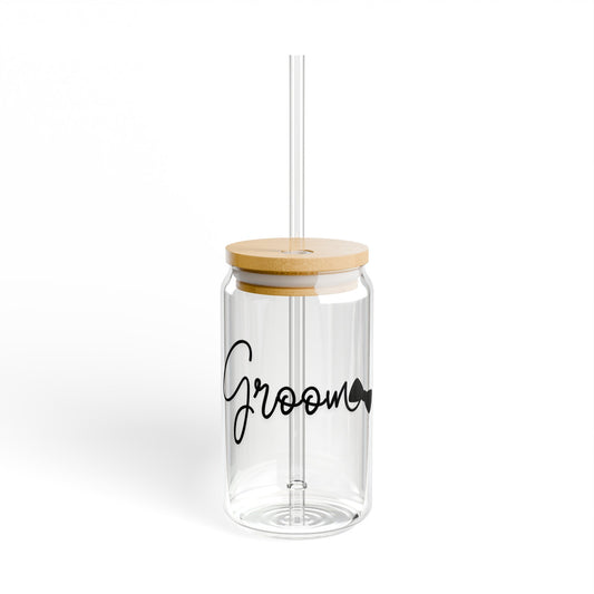 Groom Bow Tie 16oz Glass Can with Lid and Straw