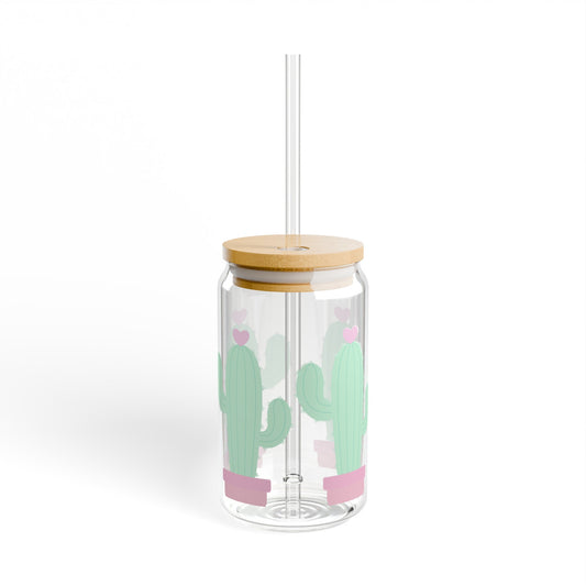 Cactus Heart 16oz Glass Can with Lid and Straw