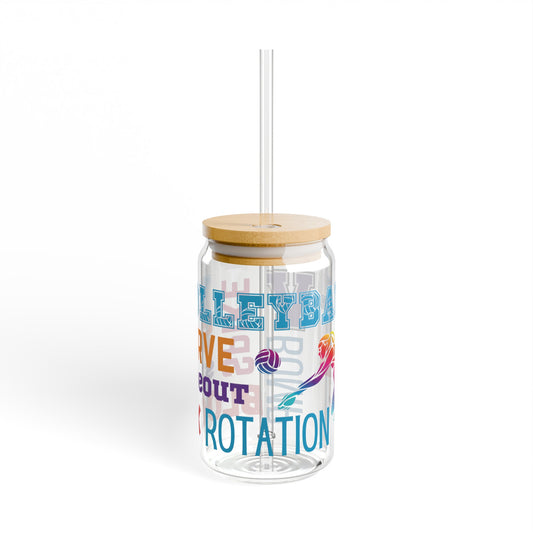 Volleyball 16oz Glass Can with Lid and Straw