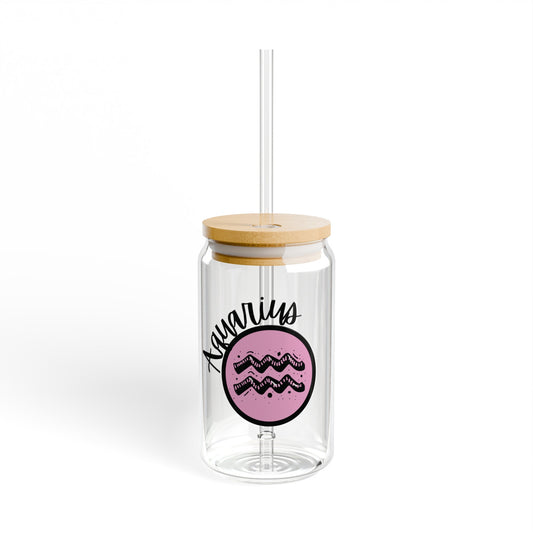 Pink and Black Aquarius 16oz Glass Can with Lid and Straw