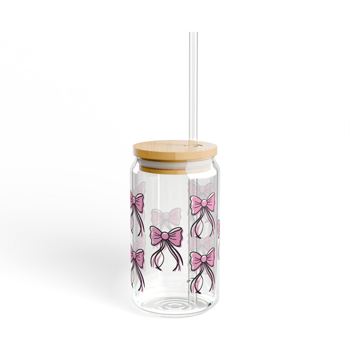 Pink Bows 16oz Glass Can with Lid and Straw