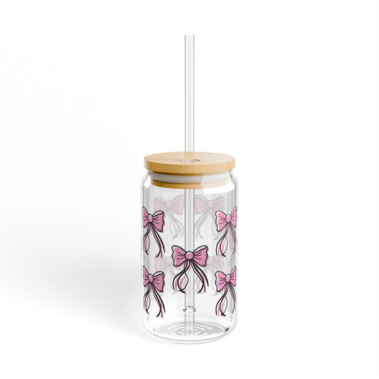 Pink Bows 16oz Glass Can with Lid and Straw