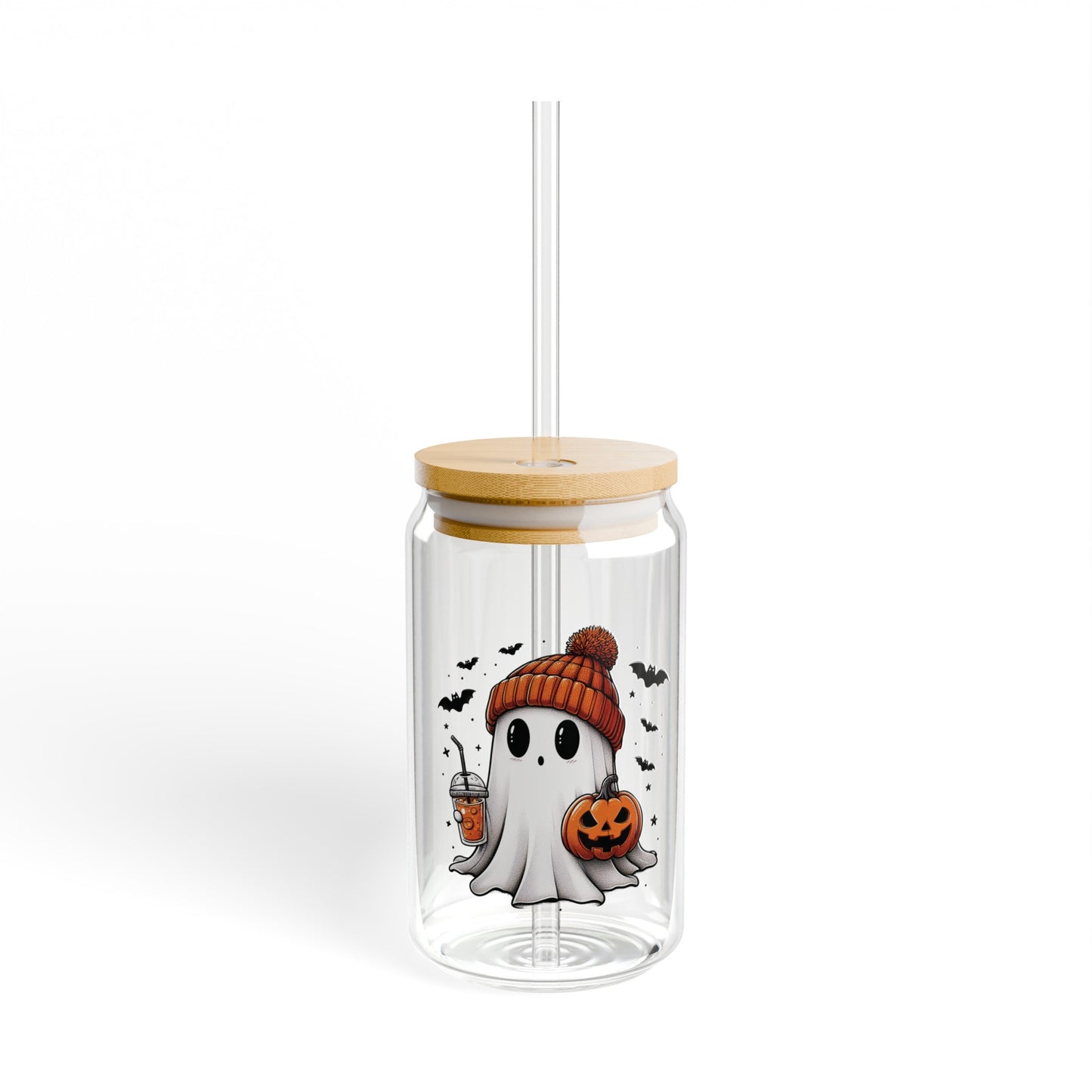 Cute Halloween Ghost 16oz Glass Can with Lid and Straw