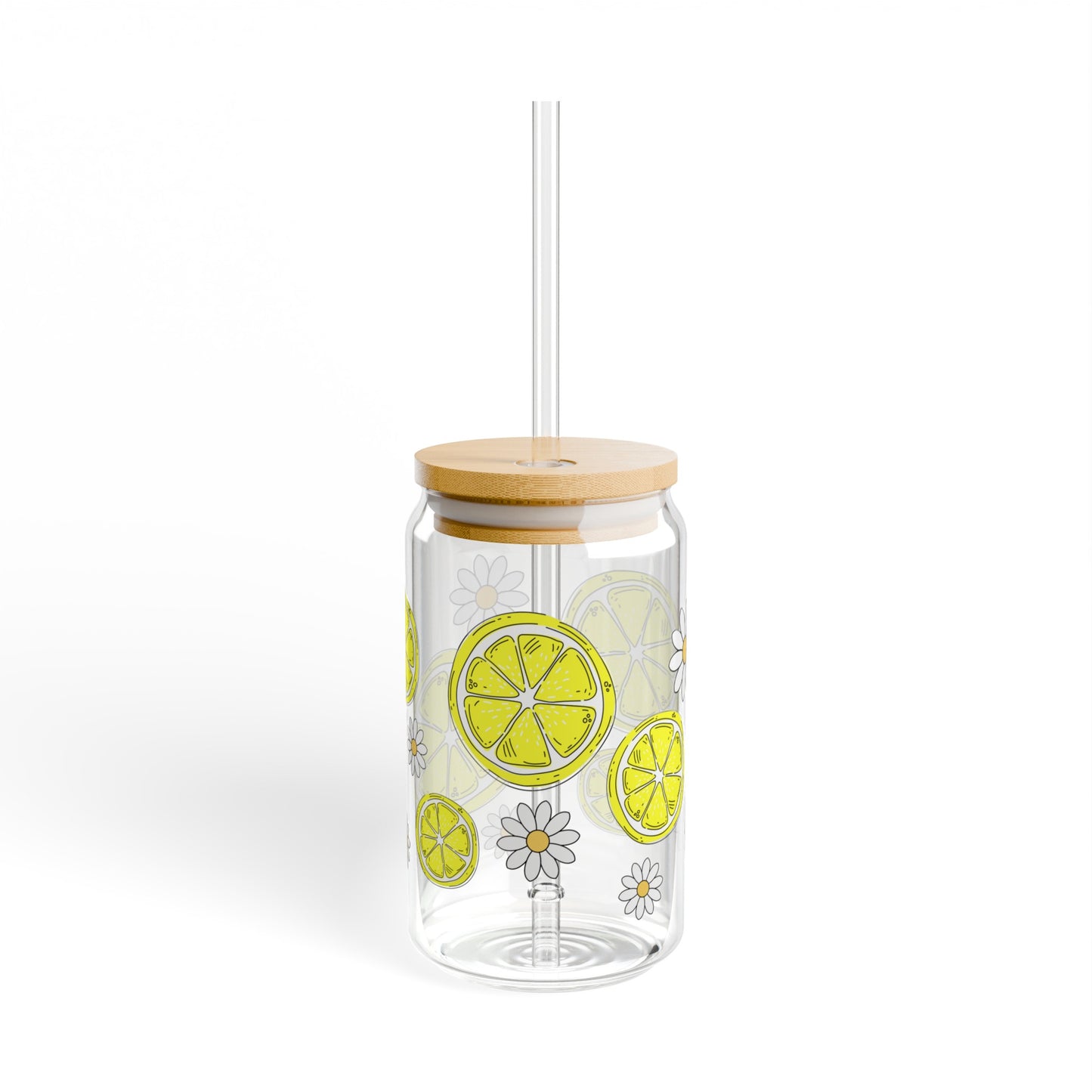 Lemons and Daisies 16oz Glass Can with Lid and Straw