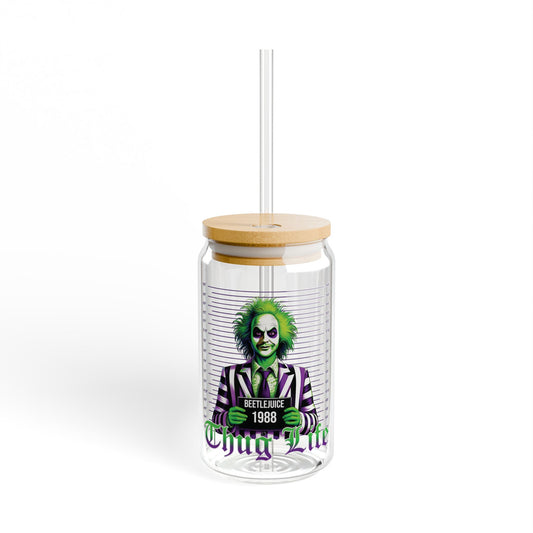 Beetlejuice Thug Life 16oz Glass Can with Lid and Straw