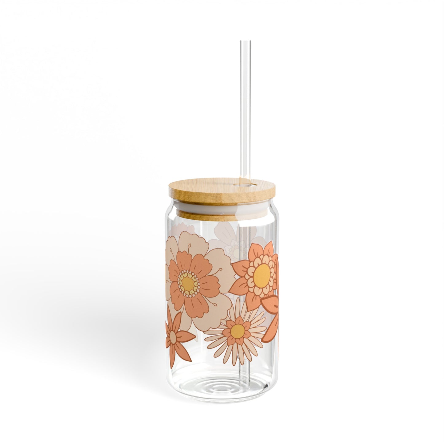 Orange Retro Flowers 16oz Glass Can with Lid and Straw