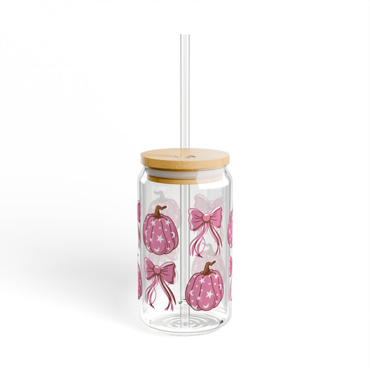 Pink Pumpkin Coquette16oz Glass Can with Lid and Straw