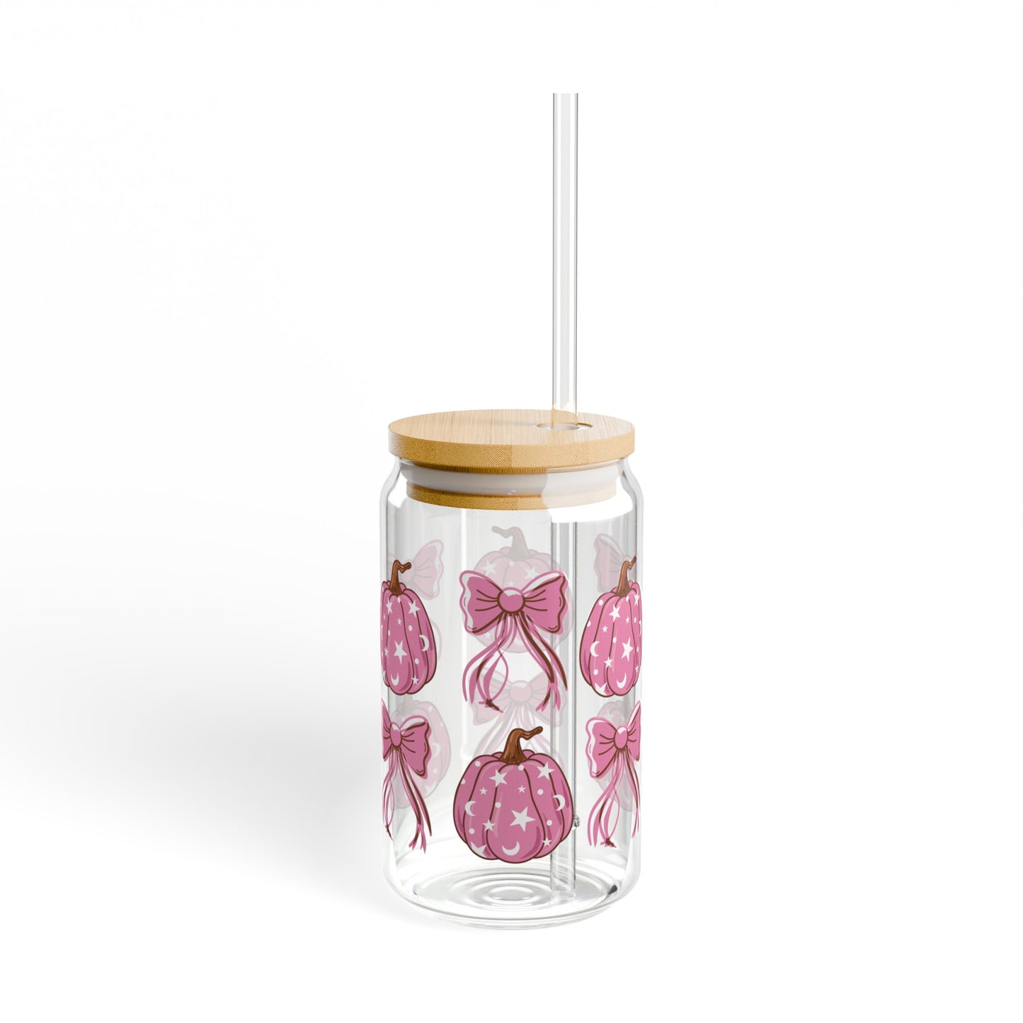 Pink Pumpkin Coquette16oz Glass Can with Lid and Straw