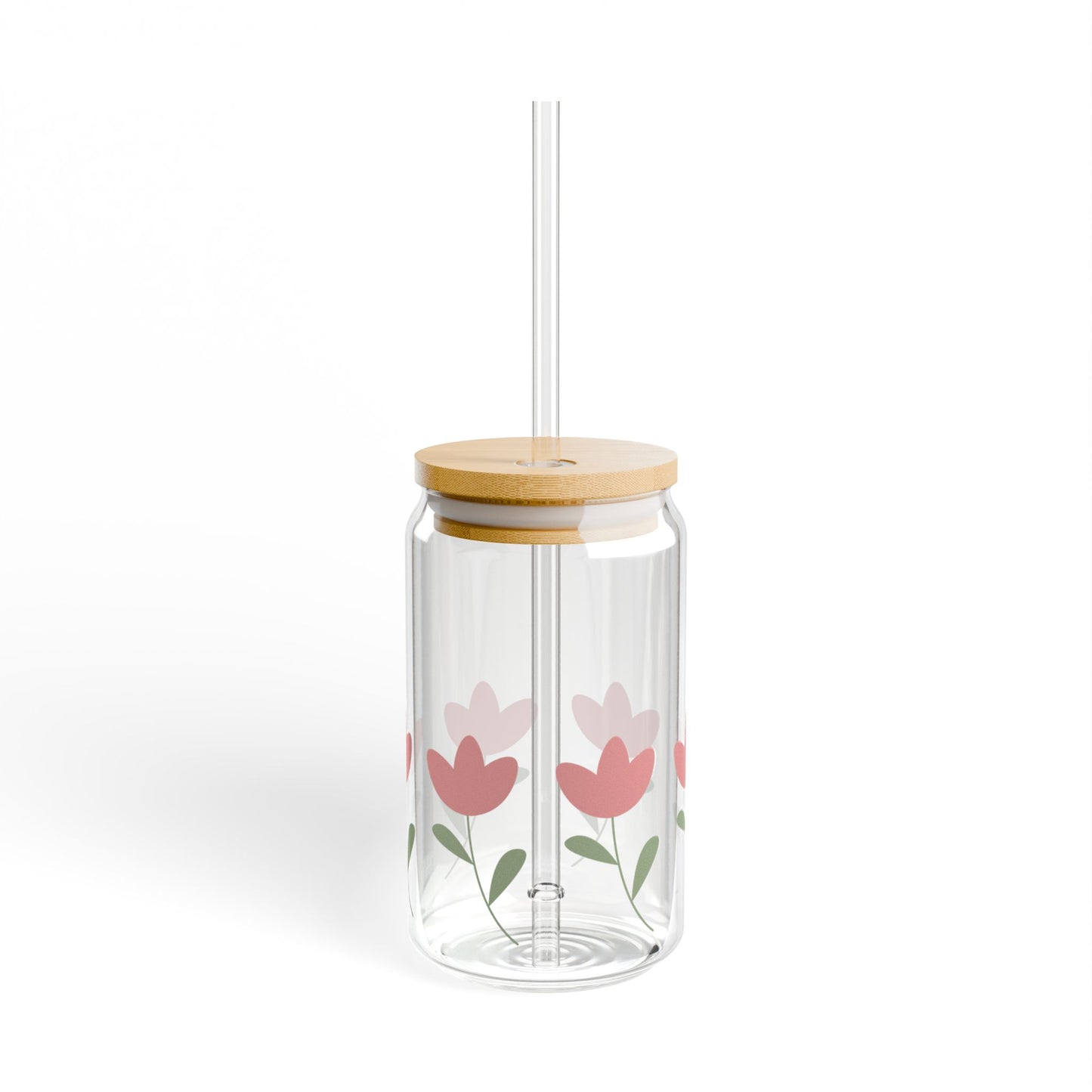 Pink Tulips 16oz Glass Can with Lid and Straw